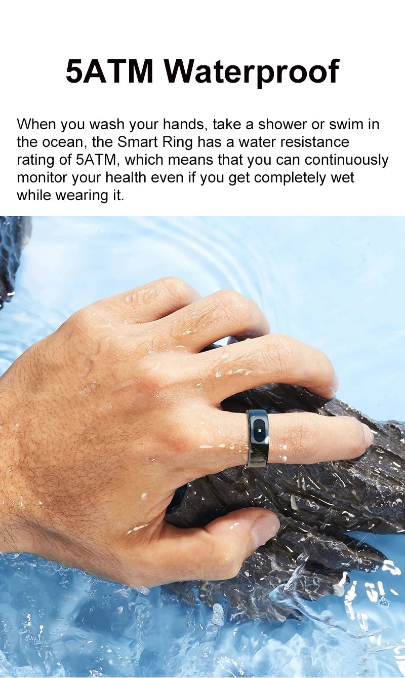 Sleek black 5ATM waterproof smart health ring worn on a hand underwater.