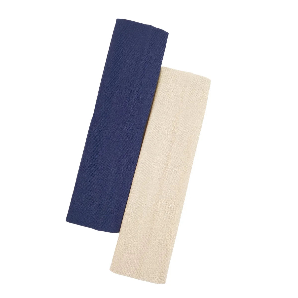 A set of two plain fabric headbands in navy blue and cream, shown flat against a white background.