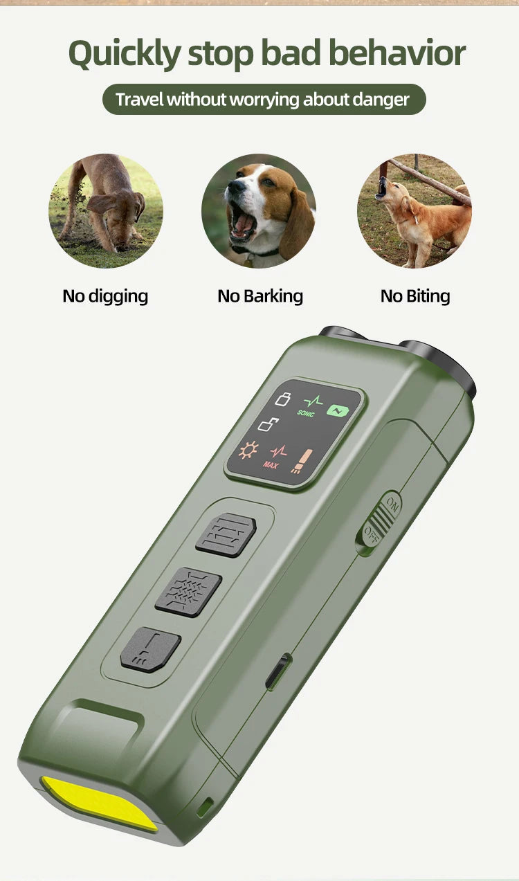 Olive green rechargeable dog training device with LED strobe, mode display screen, and side power switch.