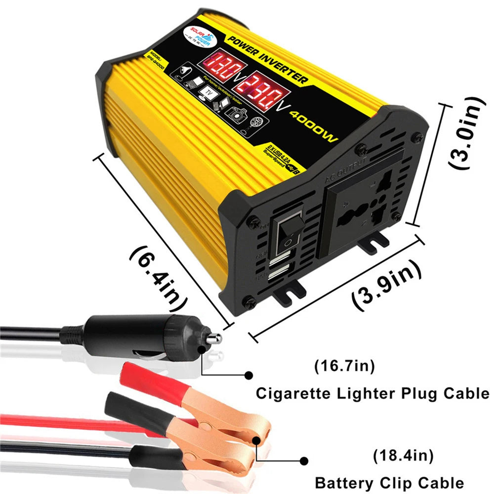 Yellow portable car power inverter with digital display, AC outlet, USB ports, cigarette lighter, and battery cables.
