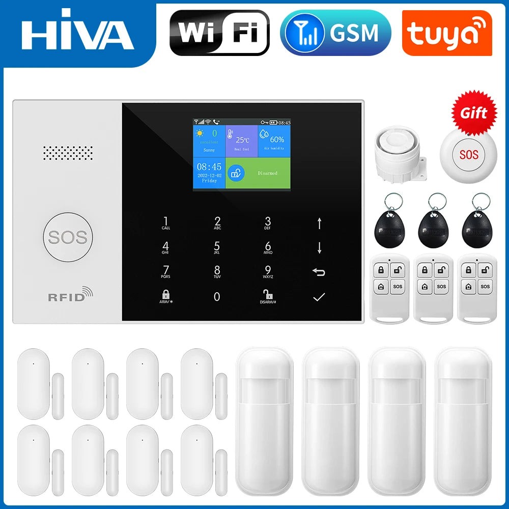 White wireless smart alarm system with touch keypad, colour screen, RFID tags, remote fobs, and motion sensors.