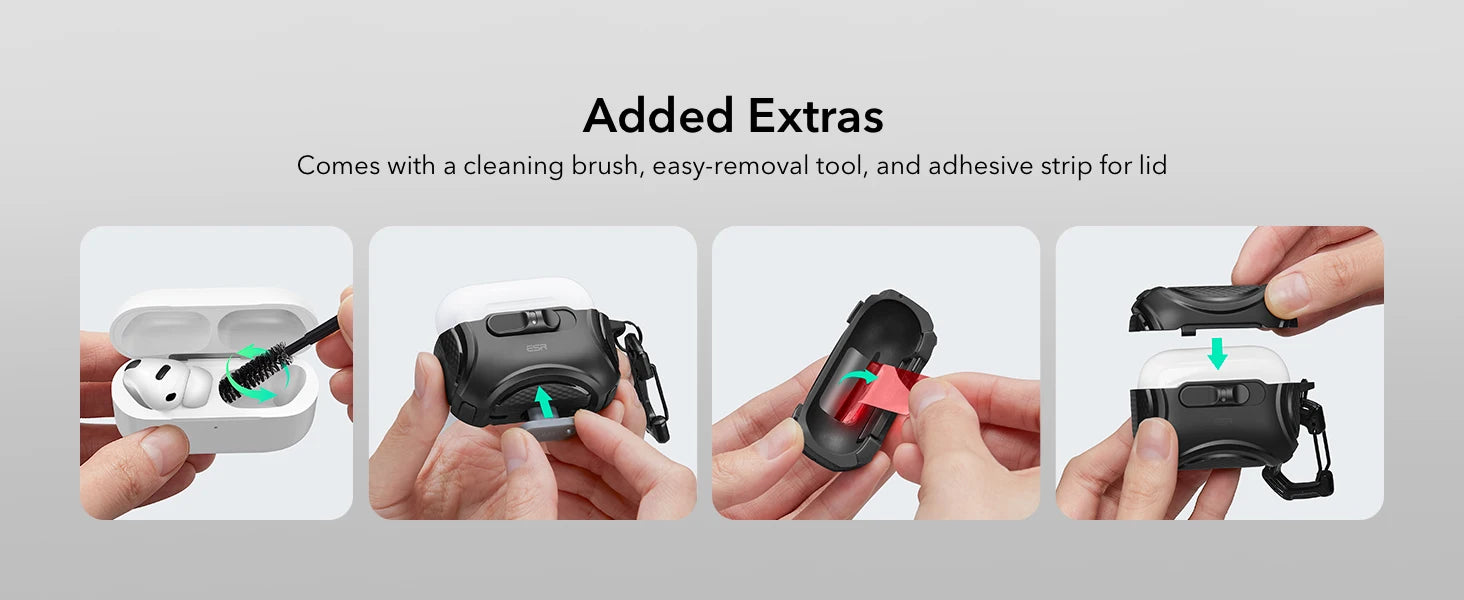 Black protective silicone case for AirPods Pro, shown with cleaning tools and easy-removal adhesive strip.