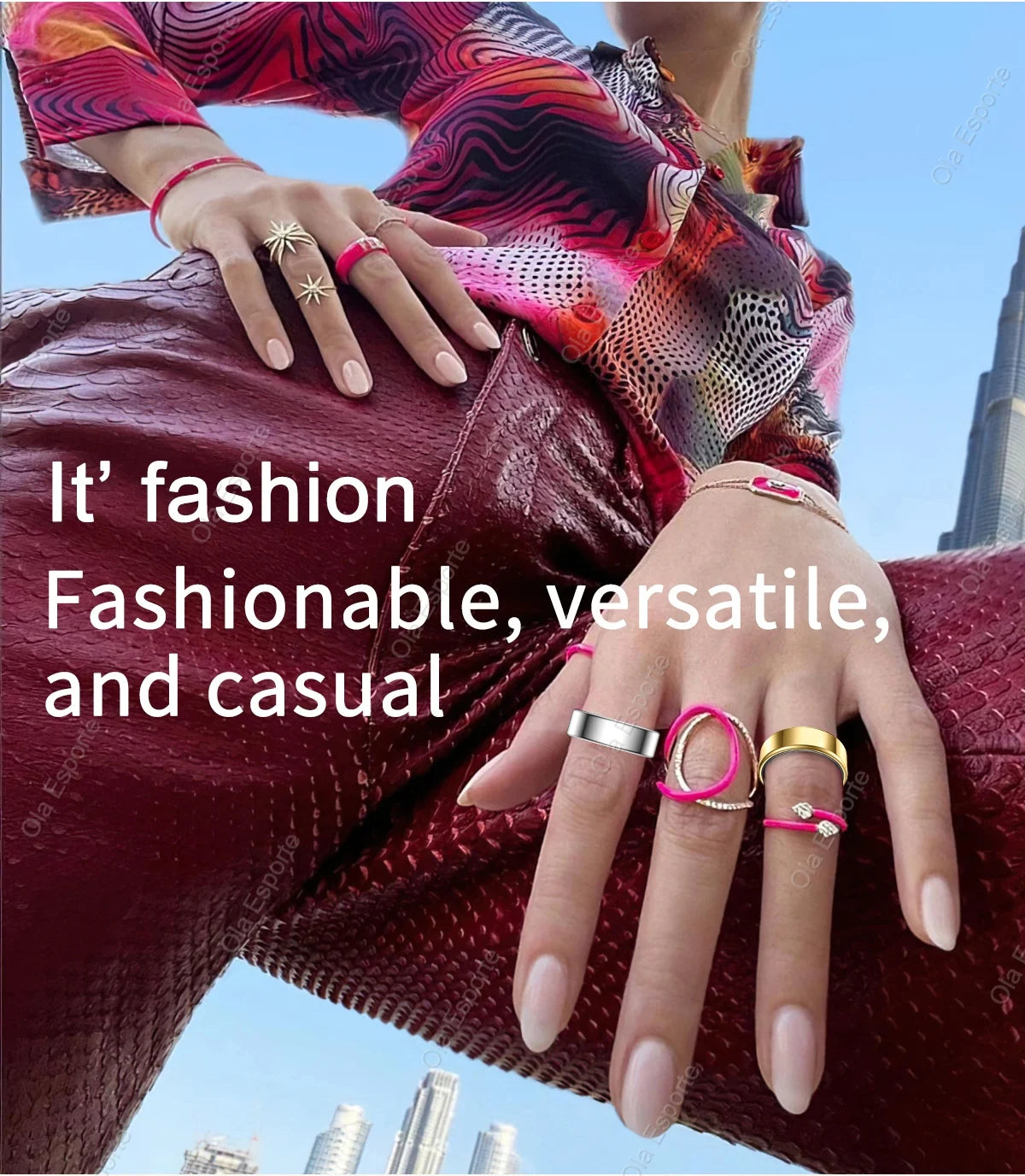 Close-up of a hand wearing a sleek, metallic smart fitness ring alongside stylish fashion rings.