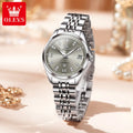 Elegant women’s silver-tone stainless steel automatic watch with a grey dial, crystal markers, and a date display.