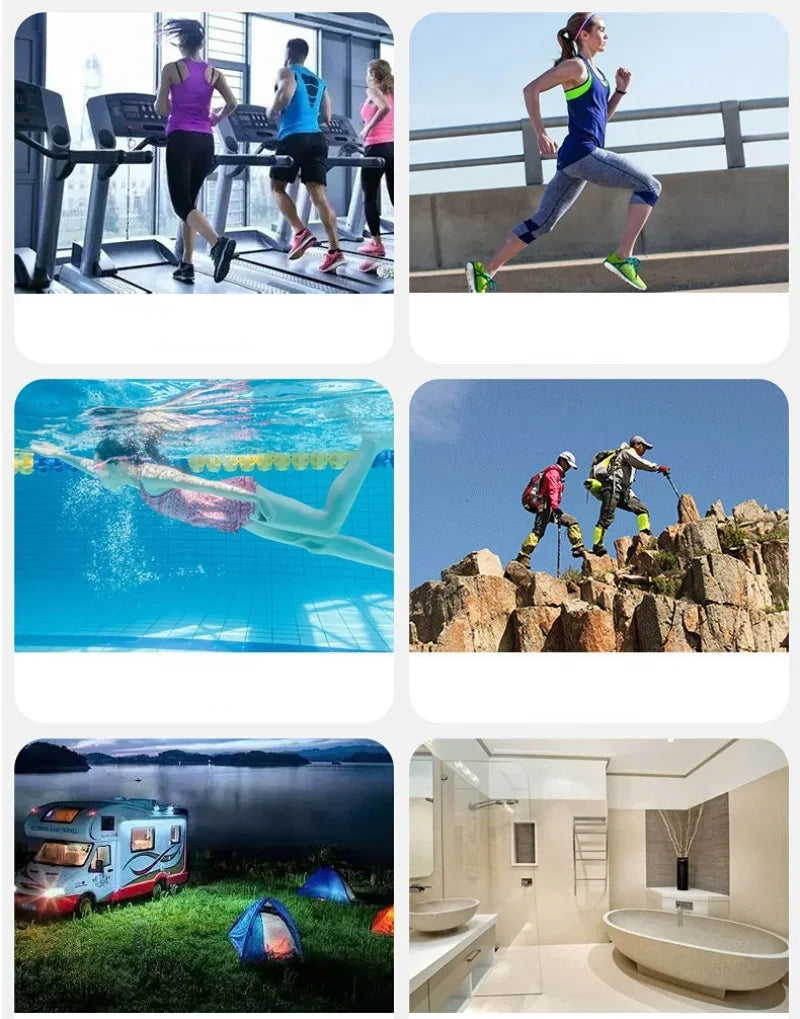 Collage featuring people running, swimming, hiking, a motorhome at sunset, and a modern neutral-toned bathroom.