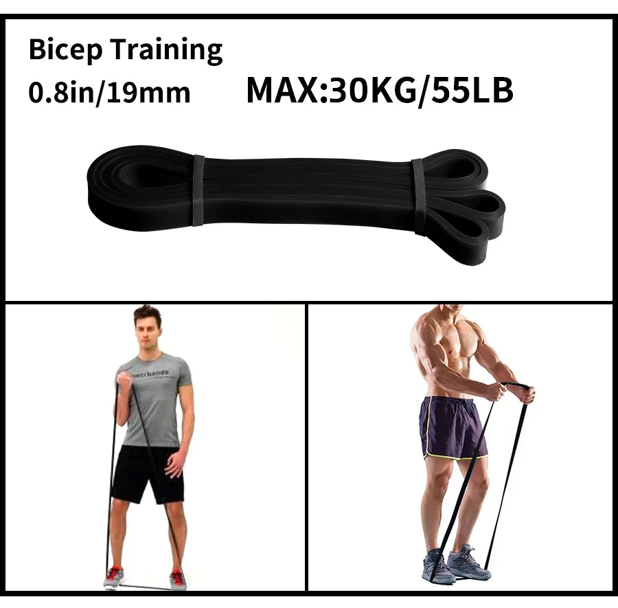 Black 19mm resistance band for bicep training, supporting up to 30kg, shown with users performing exercise.