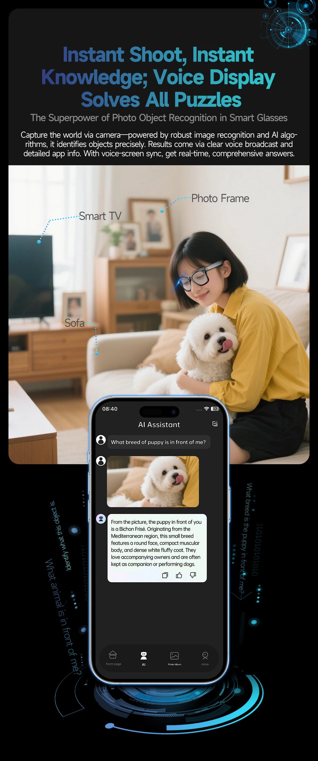 A woman wears stylish black smart glasses with a camera, identifying a puppy via a mobile app interface.