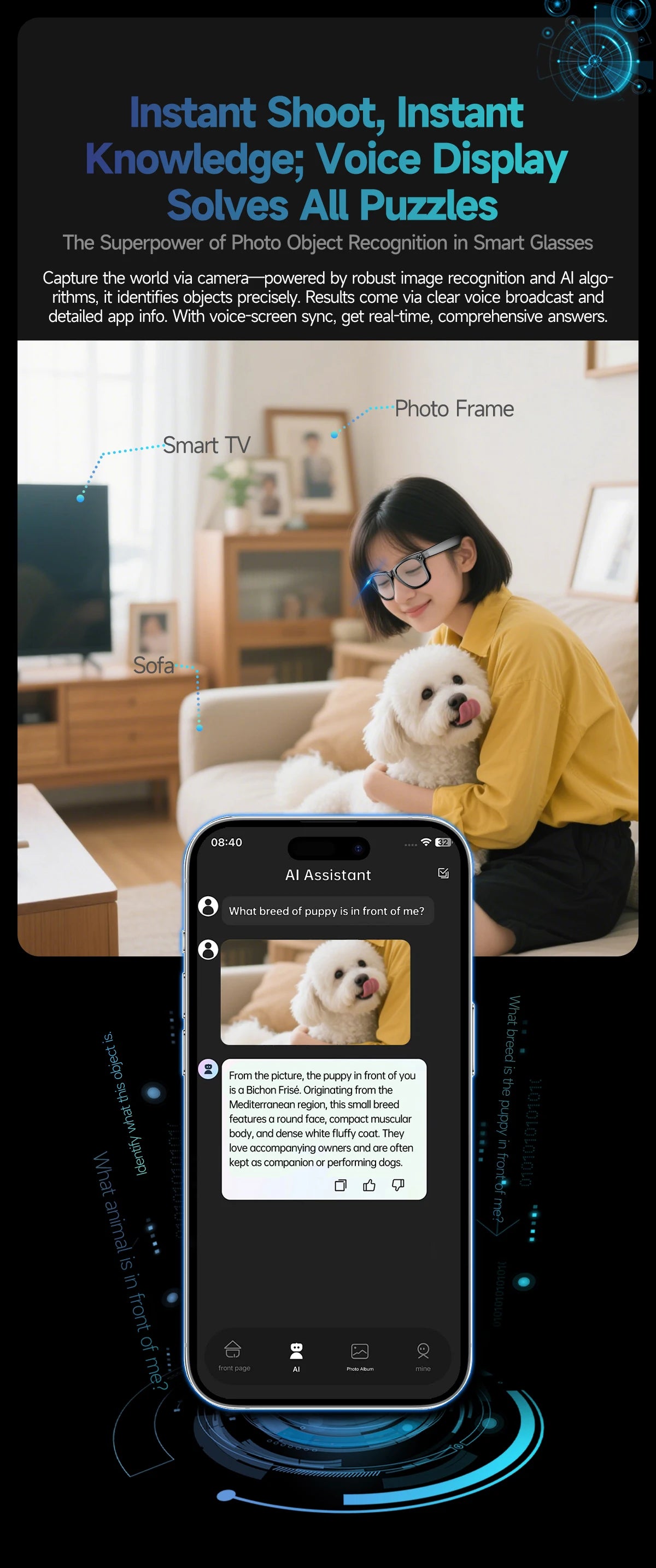 A woman wears stylish black smart glasses with a camera, identifying a puppy via a mobile app interface.