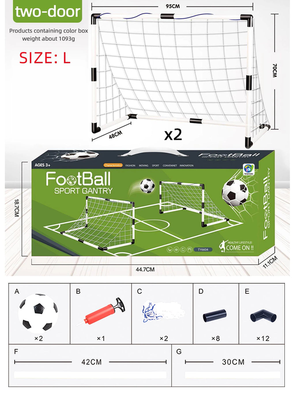 Set of two white and black portable football goals, includes balls, pump, and easy-assembly connectors.