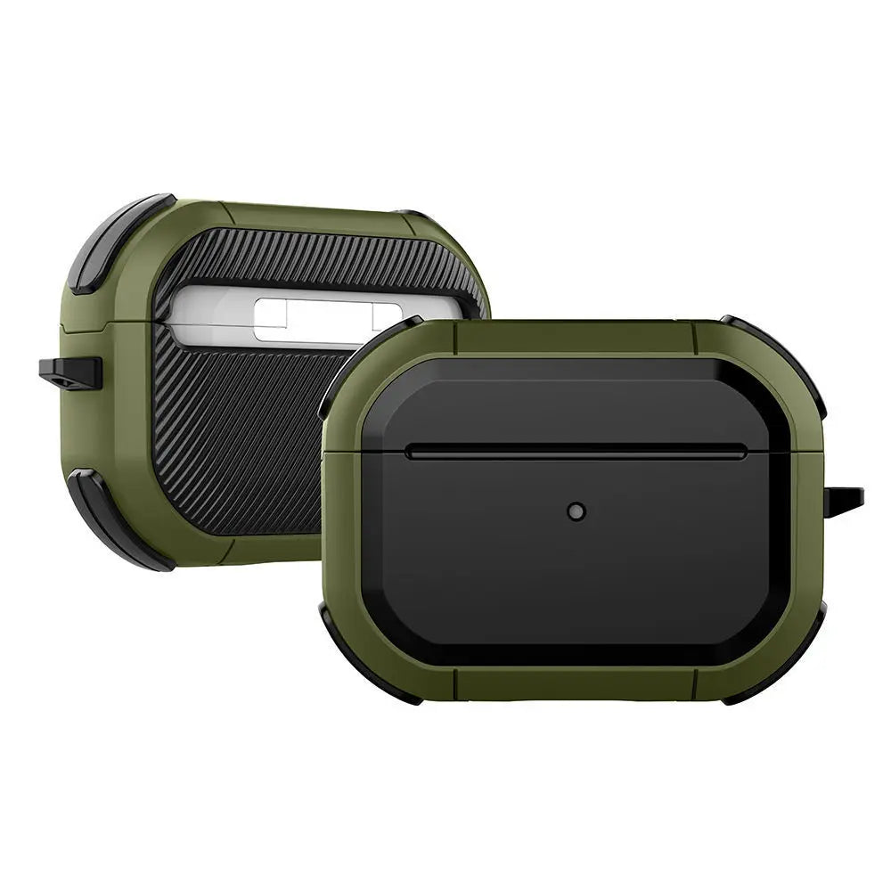 Rugged olive green and black protective case for Apple AirPods Pro, featuring a durable, textured shockproof design.