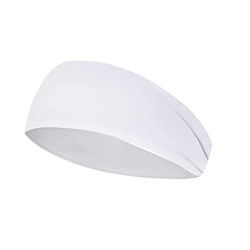 A plain, wide white elasticated headband against a white background.