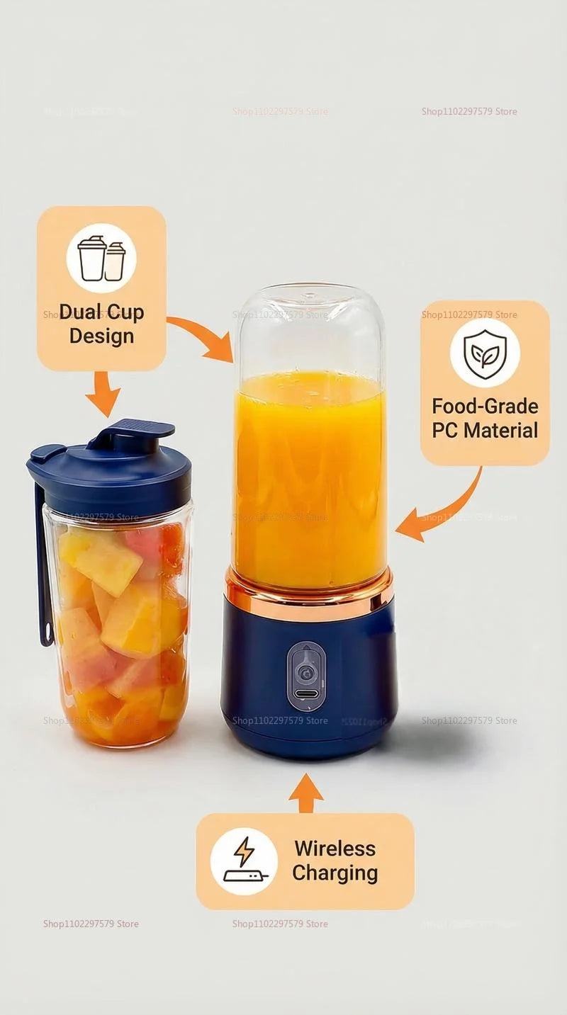Portable electric blender with two clear cups, navy blue base, gold trim, and wireless charging capability.