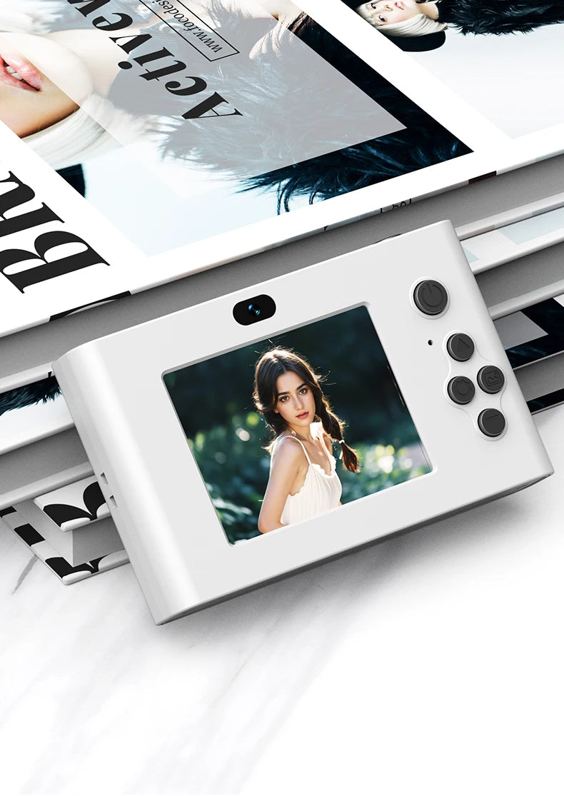 White matte plastic digital camera with a square LCD screen, front-facing camera lens, and four navigation buttons.