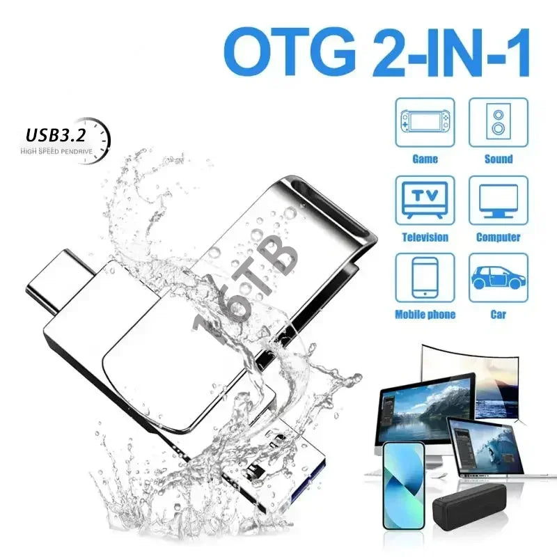 Sleek silver metal 16TB 2-in-1 USB 3.2 flash drive, shown with water splash effect and device compatibility icons.