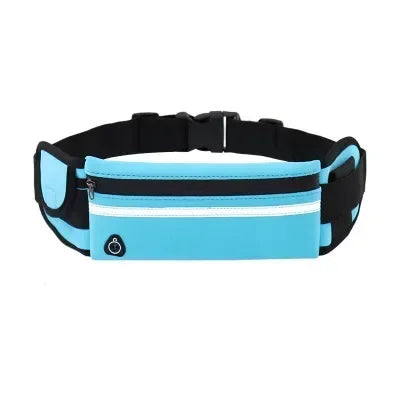 Bright blue running waist belt with a black adjustable strap, zip pocket, and reflective strip.