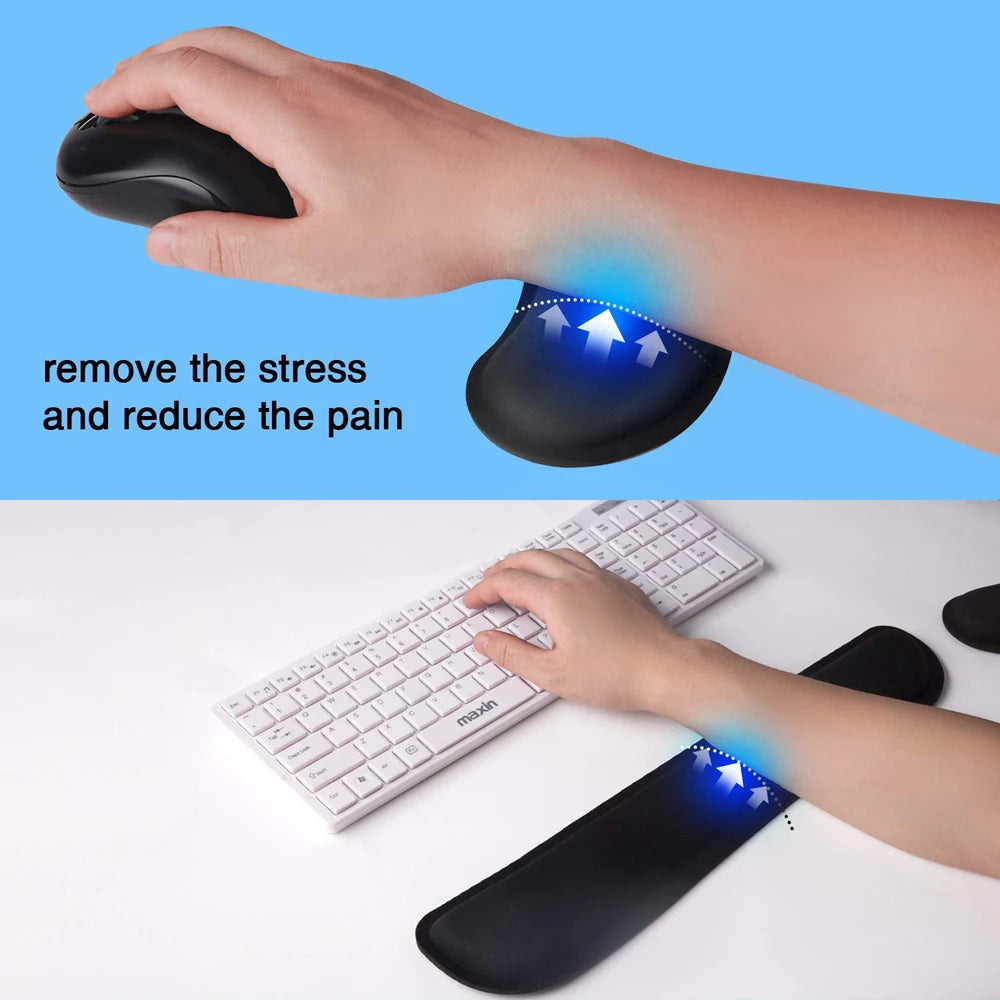 Black ergonomic foam wrist rest pads for a computer mouse and keyboard to support the wrists.