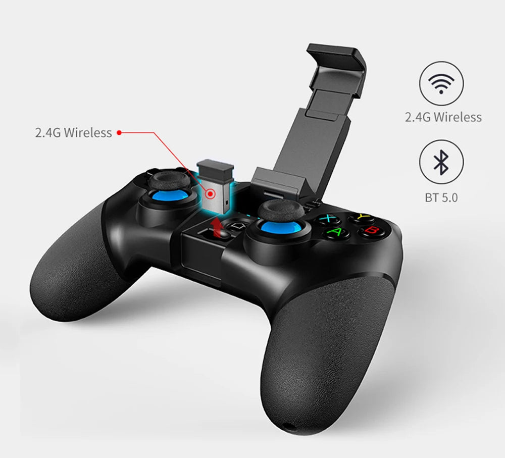 Black wireless gaming controller with blue joystick accents, integrated phone mount, and 2.4G USB receiver storage.