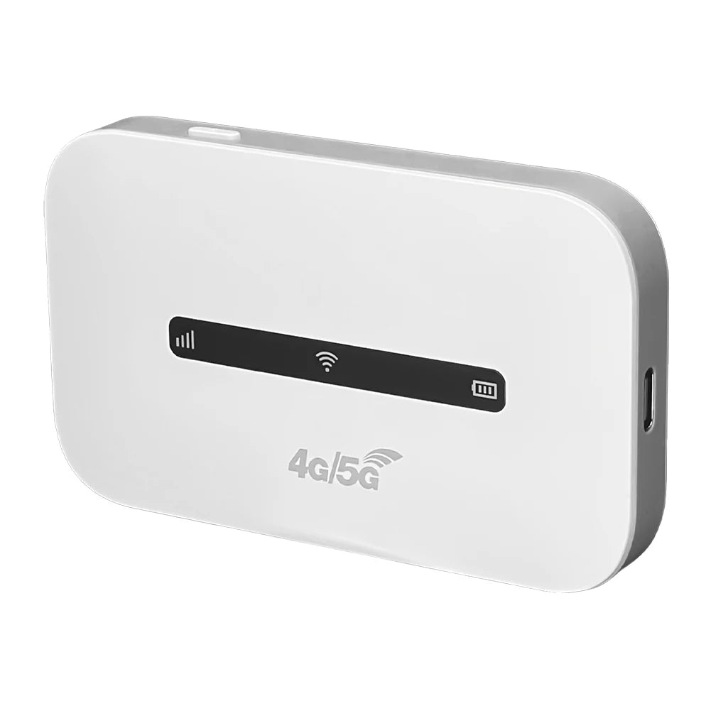 White portable 4G/5G mobile Wi-Fi hotspot router with a sleek, rounded rectangular design and status display icons.