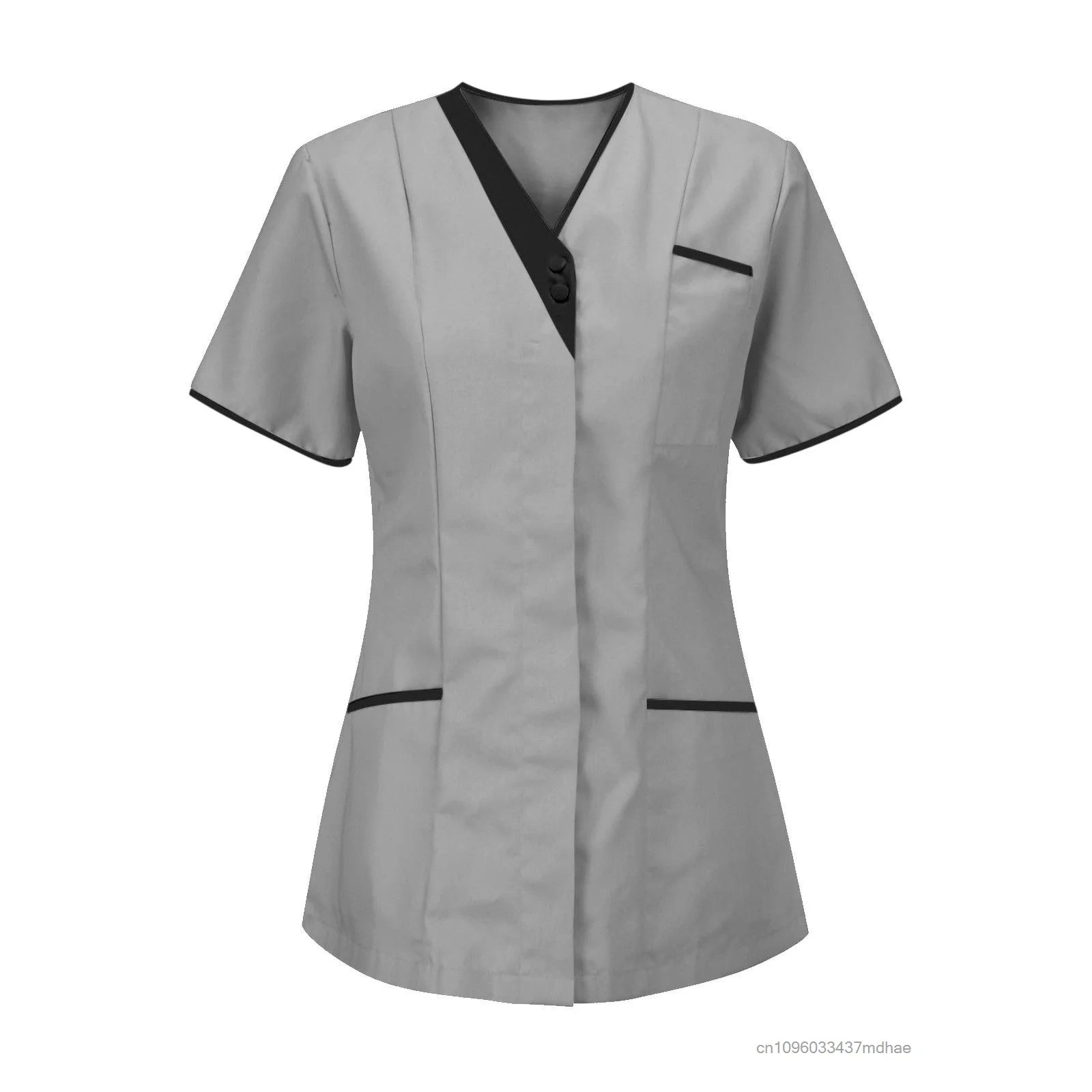 Grey short-sleeved V-neck tunic with black trim, button detail and two front pockets. Ideal for salon or healthcare.