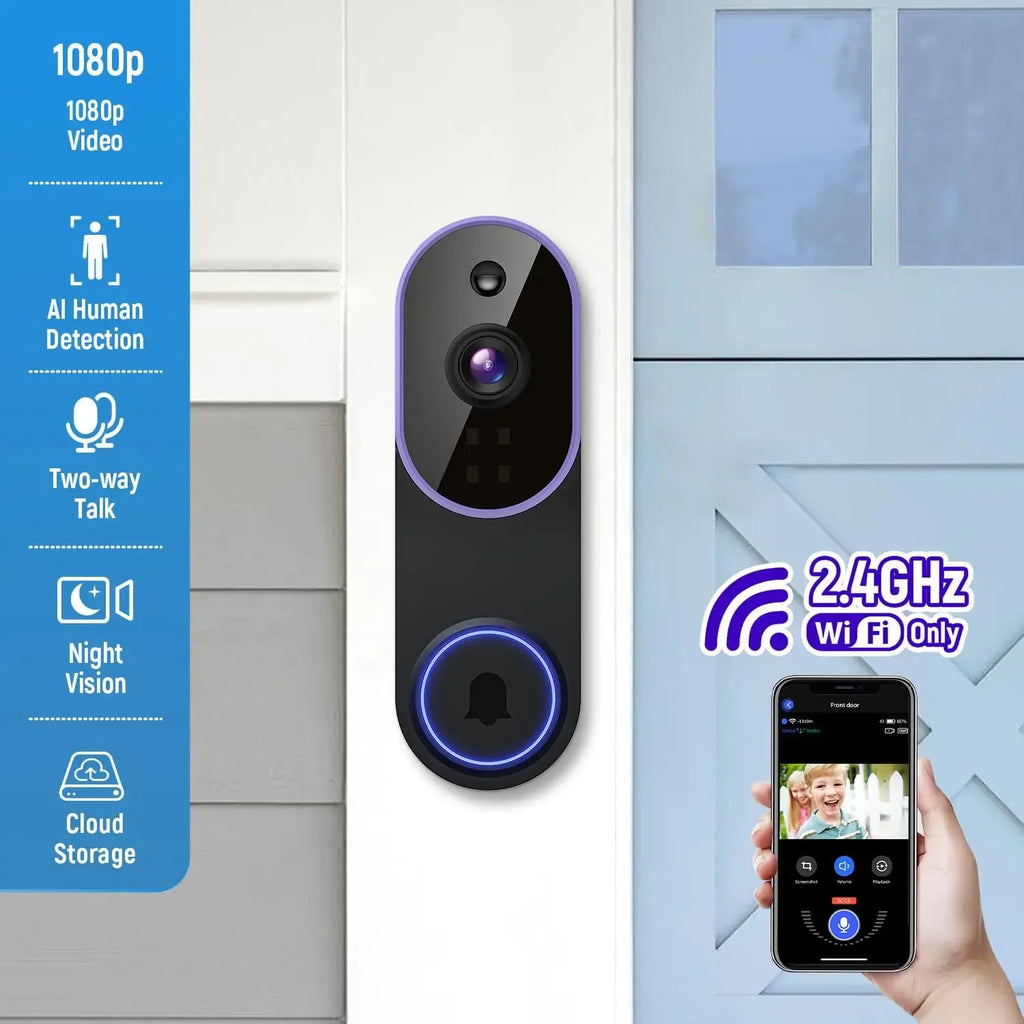Sleek black wireless video doorbell with purple trim, featuring AI detection, night vision and a mobile app preview.