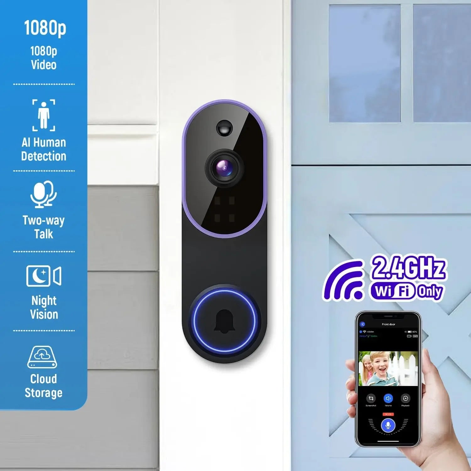 Sleek black wireless video doorbell with purple trim, featuring AI detection, night vision and a mobile app preview.