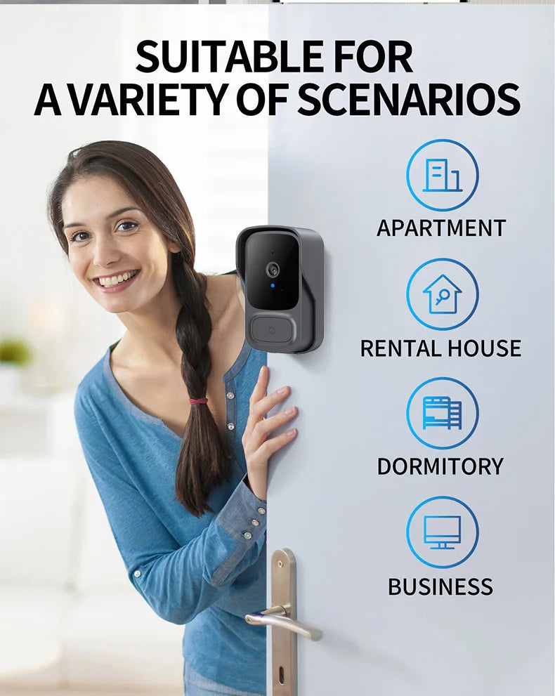 A woman smiling next to a modern, dark grey wireless video doorbell mounted on a door frame.