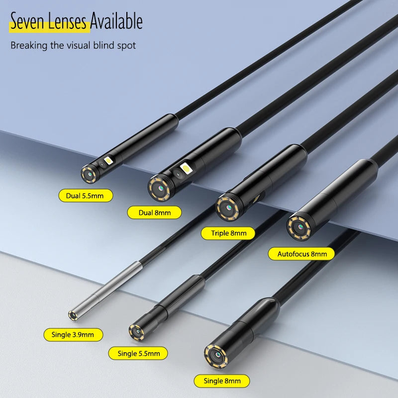 A range of black waterproof endoscope camera cables featuring various single, dual, and triple lens options.