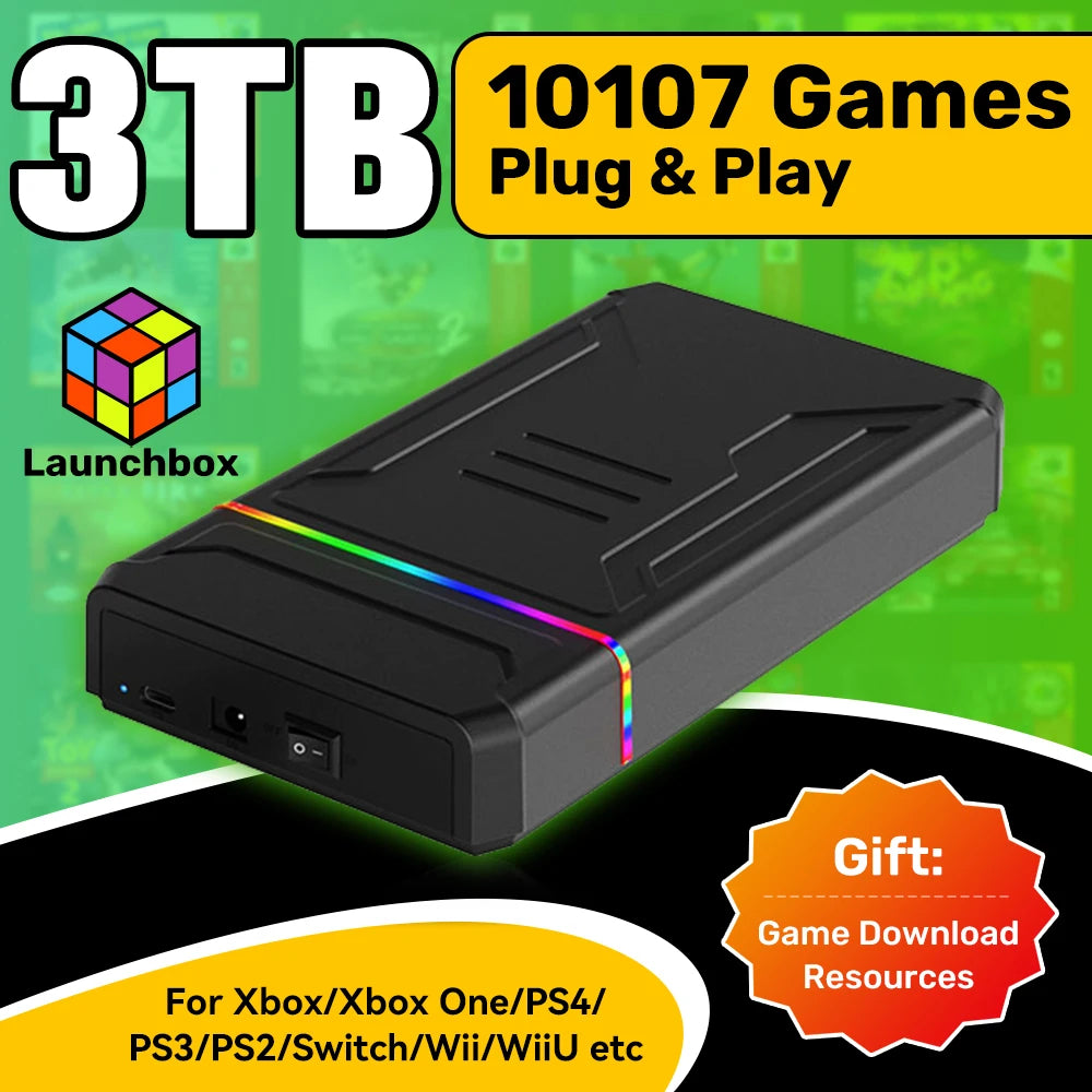 Black rectangular 3TB retro gaming external HDD with a colorful LED strip and ports on front.