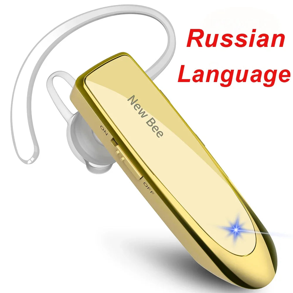Gold wireless Bluetooth hands-free headset with a clear ear hook and an LED indicator light.