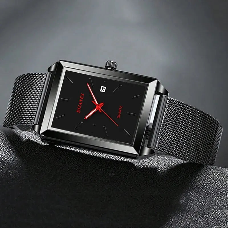 Men’s square quartz watch with a black face, red hands, date window and a sleek black stainless steel mesh strap.