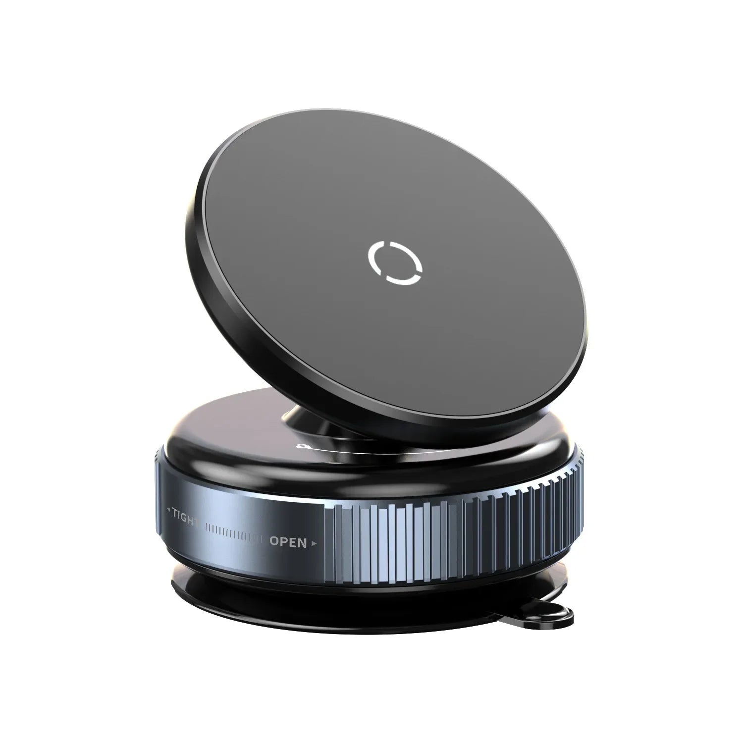 Black magnetic car phone mount with a round, tilting head and a blue-grey ridged, adjustable base.