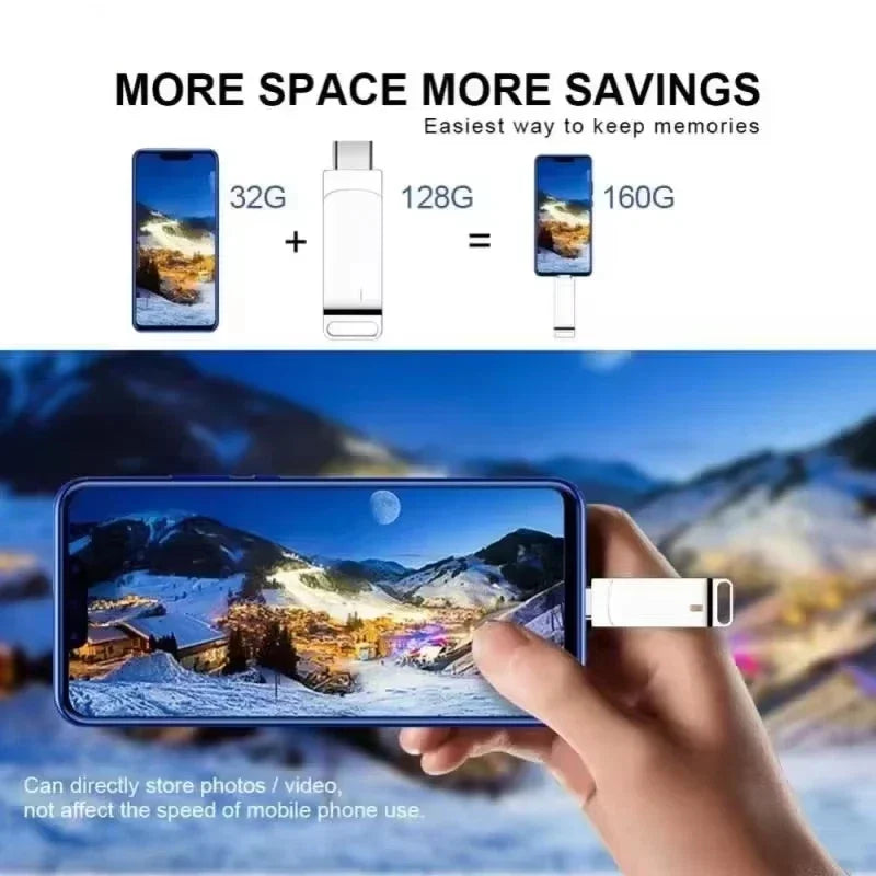 White 2-in-1 Type-C flash drive plugged into a mobile phone, demonstrating expanded storage for photos and videos.