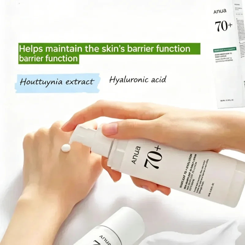White pump bottle of daily facial lotion featuring Houttuynia extract and hyaluronic acid to support skin barrier.