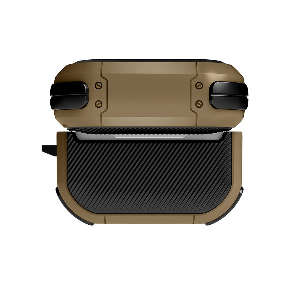 Rugged, tan and black protective AirPods Pro case with a textured, industrial design.