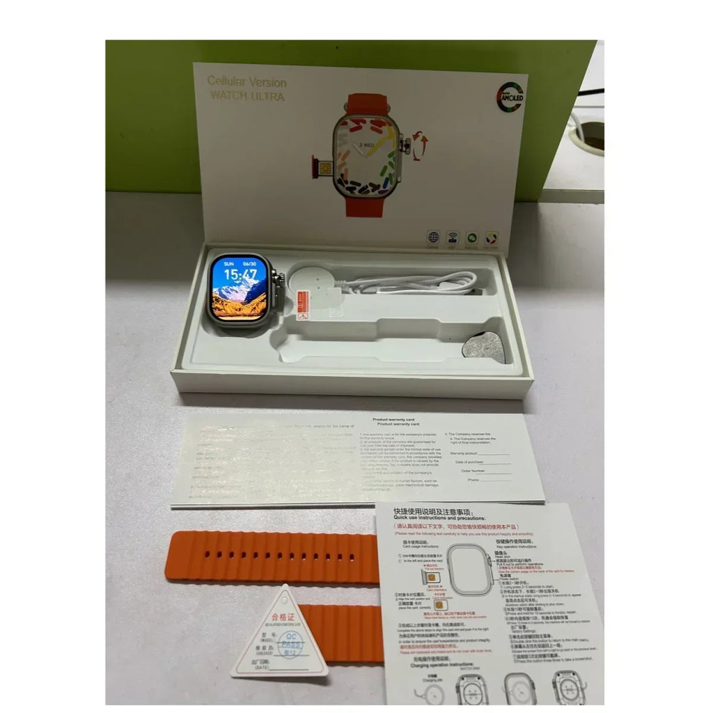 Orange 4G Android smartwatch in presentation box with charging cable, extra strap, and 180° rotary camera feature.