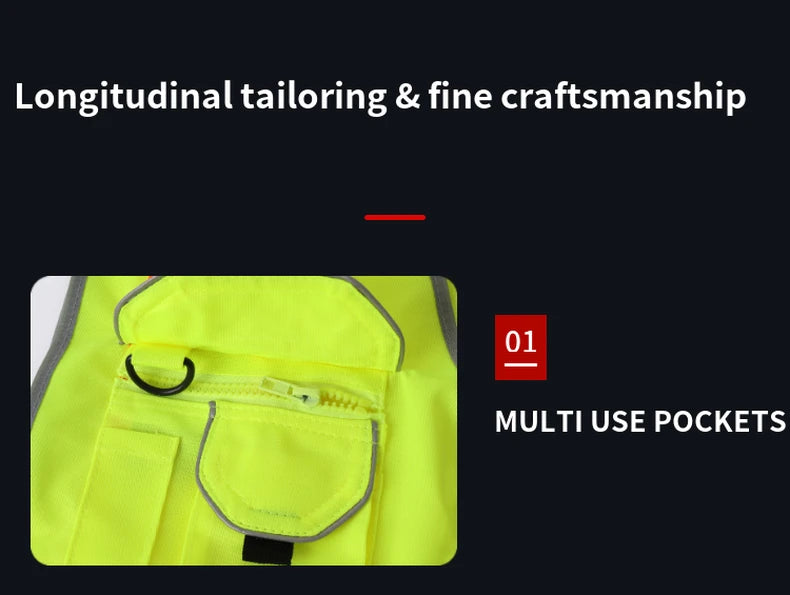 High-visibility yellow utility vest featuring multiple storage pockets, a zip compartment, and a D-ring attachment.