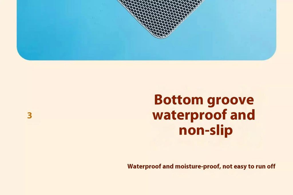 Close-up of a grey, honeycomb-patterned waterproof cat litter mat with a non-slip, protective base.