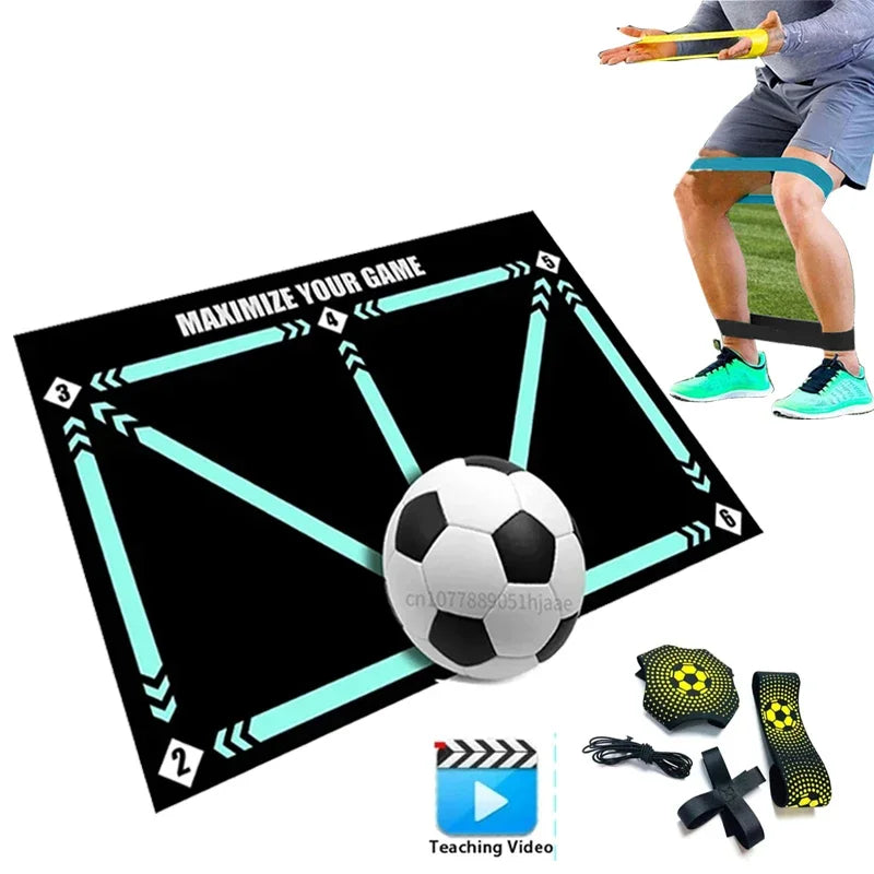 Football training mat with numbered directional markers, black and cyan design, includes resistance bands and a ball.