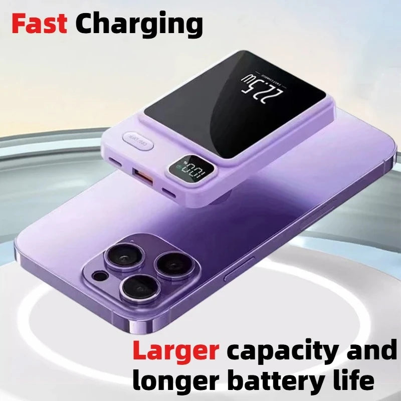 Lilac magnetic wireless power bank attached to a purple smartphone, featuring a digital display for battery level.