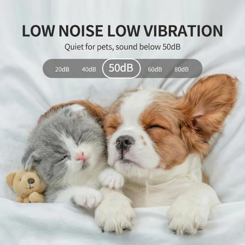 A kitten and puppy sleeping peacefully, highlighting the pet nail grinder's low noise, under 50dB.