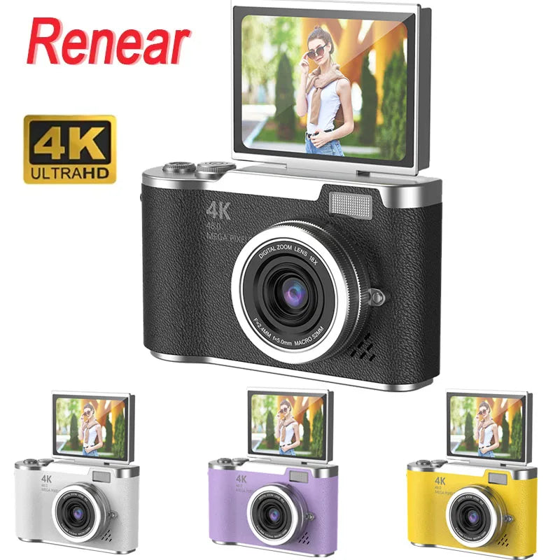 Black, white, purple, and yellow 4K digital cameras with textured faux leather grips and flip-up screens.