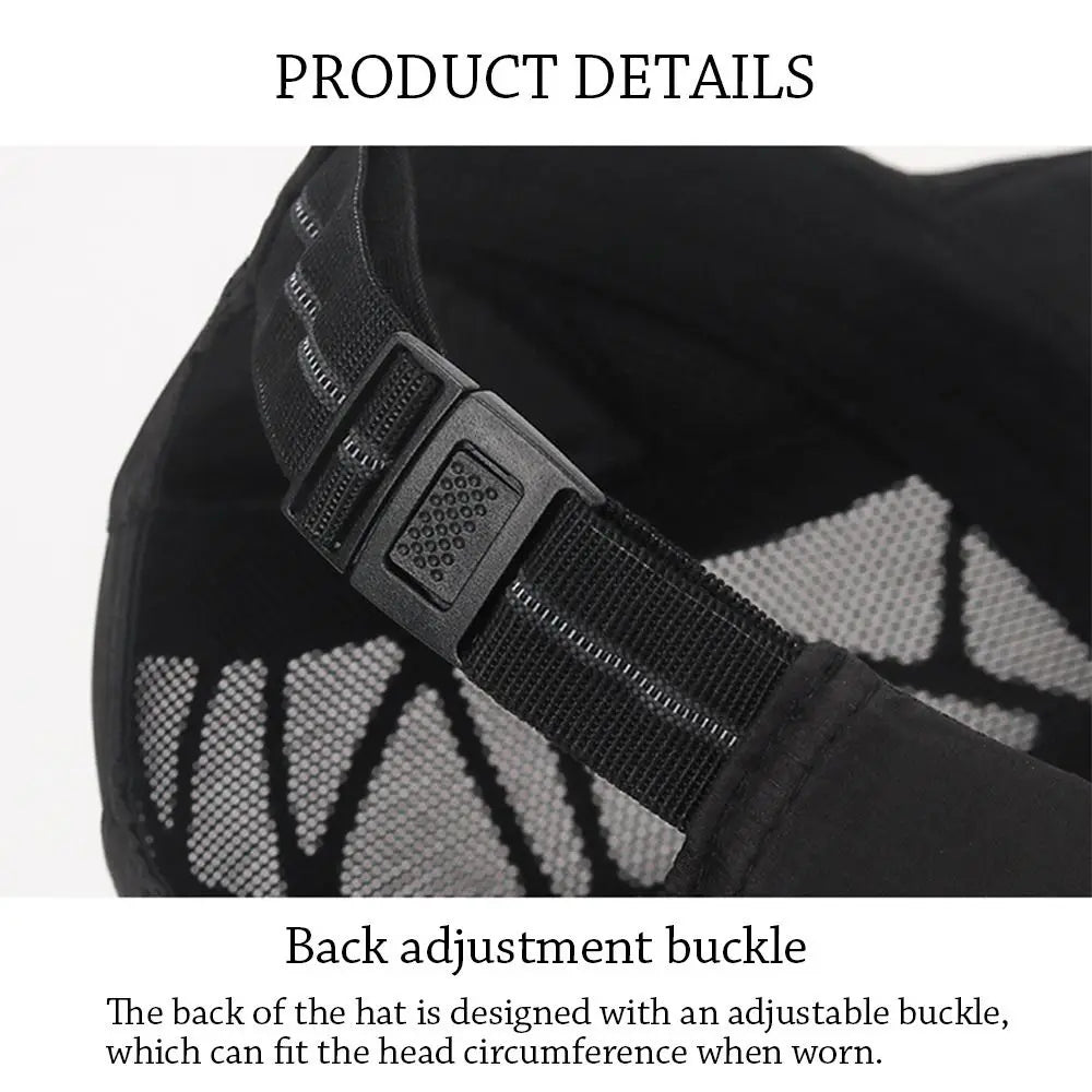 Close-up of a black men’s flat cap showing the adjustable buckle strap at the back for a custom fit.
