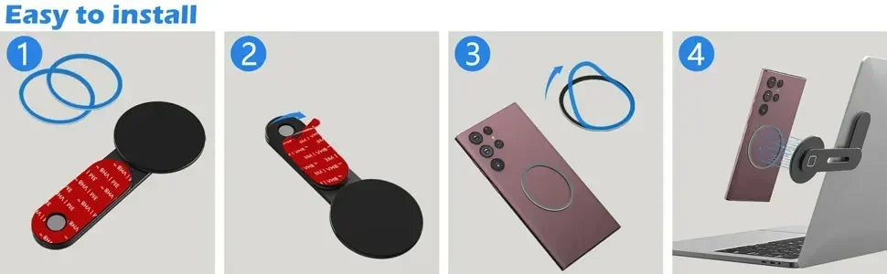 Four-step installation guide for a black magnetic laptop phone mount, showing adhesive application and magnetic use.