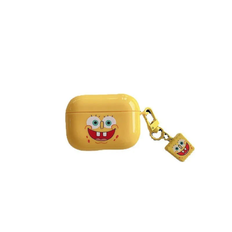 Yellow SpongeBob silicone AirPods Pro case with matching character keychain and clip.