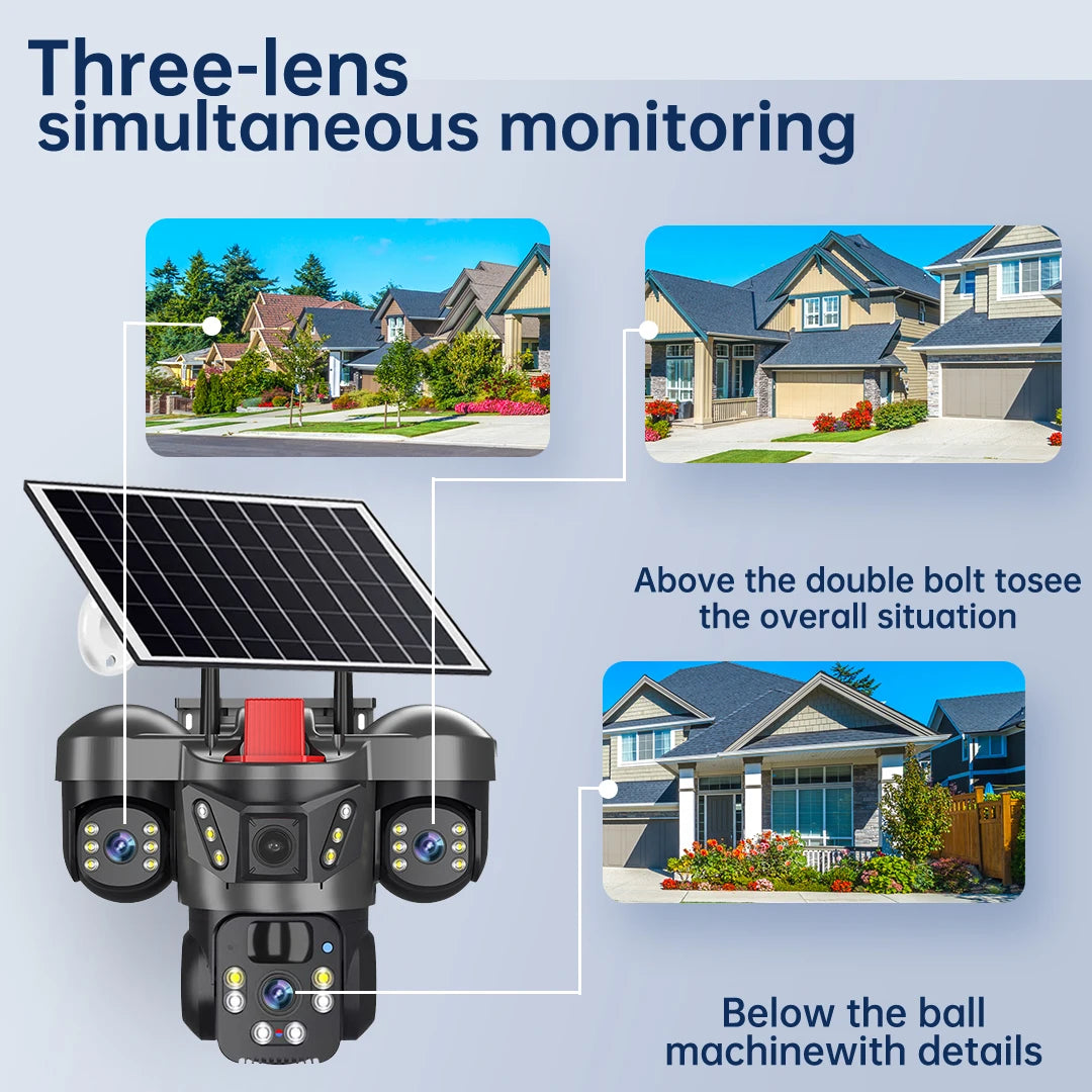 A triple-lens solar security camera with three camera modules and an attached solar panel on top.