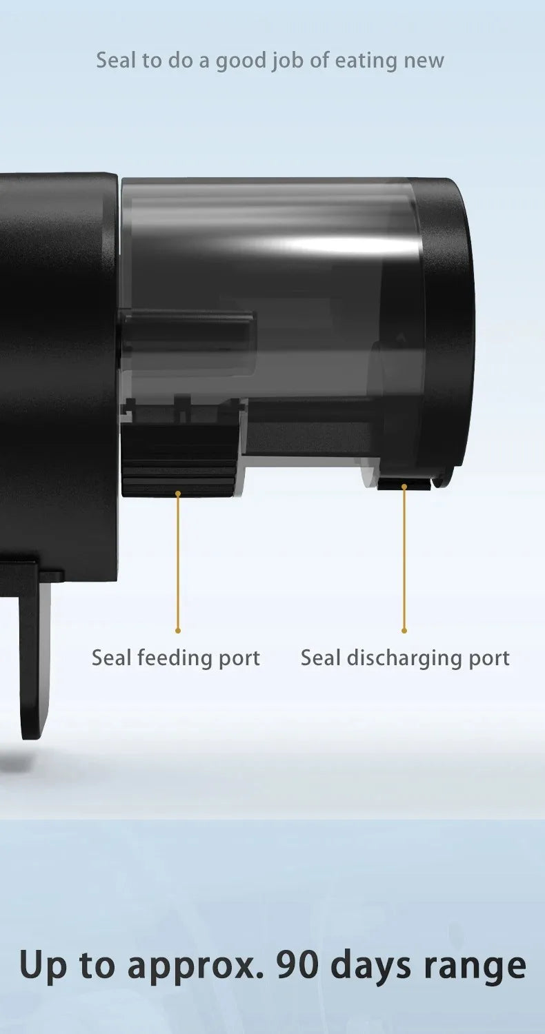 Black pet food dispenser component with a transparent container, showing feeding and discharging ports.