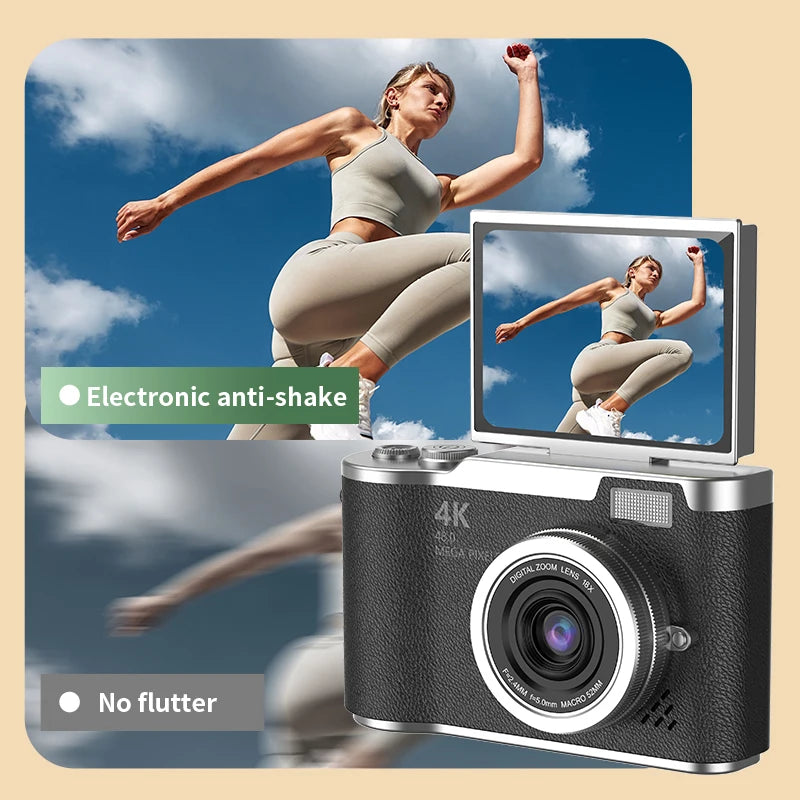Silver and black digital camera with a flip-up screen, featuring 4K recording and electronic anti-shake technology.
