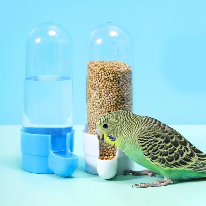 A budgie eats from a white automatic bird feeder next to a blue water dispenser, both clear with cylindrical designs.