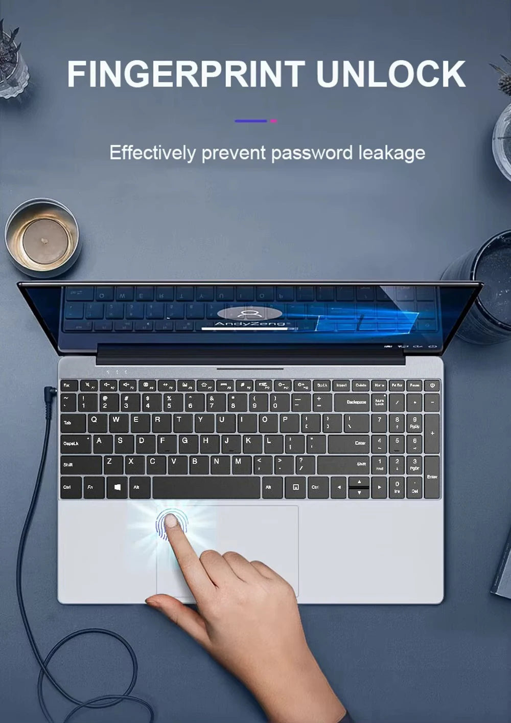 Ultra-slim 15.6-inch silver laptop with full keyboard and a fingerprint scanner on the trackpad.