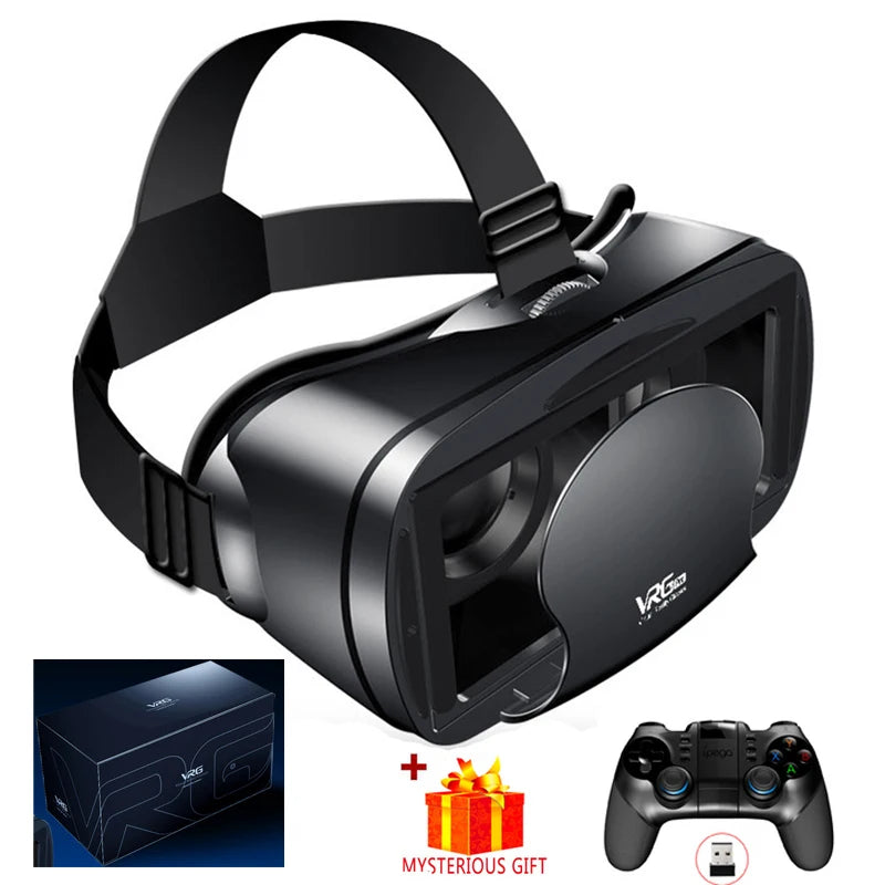 Black VRG Pro virtual reality headset with adjustable straps, lens dials, and a front smartphone compartment.